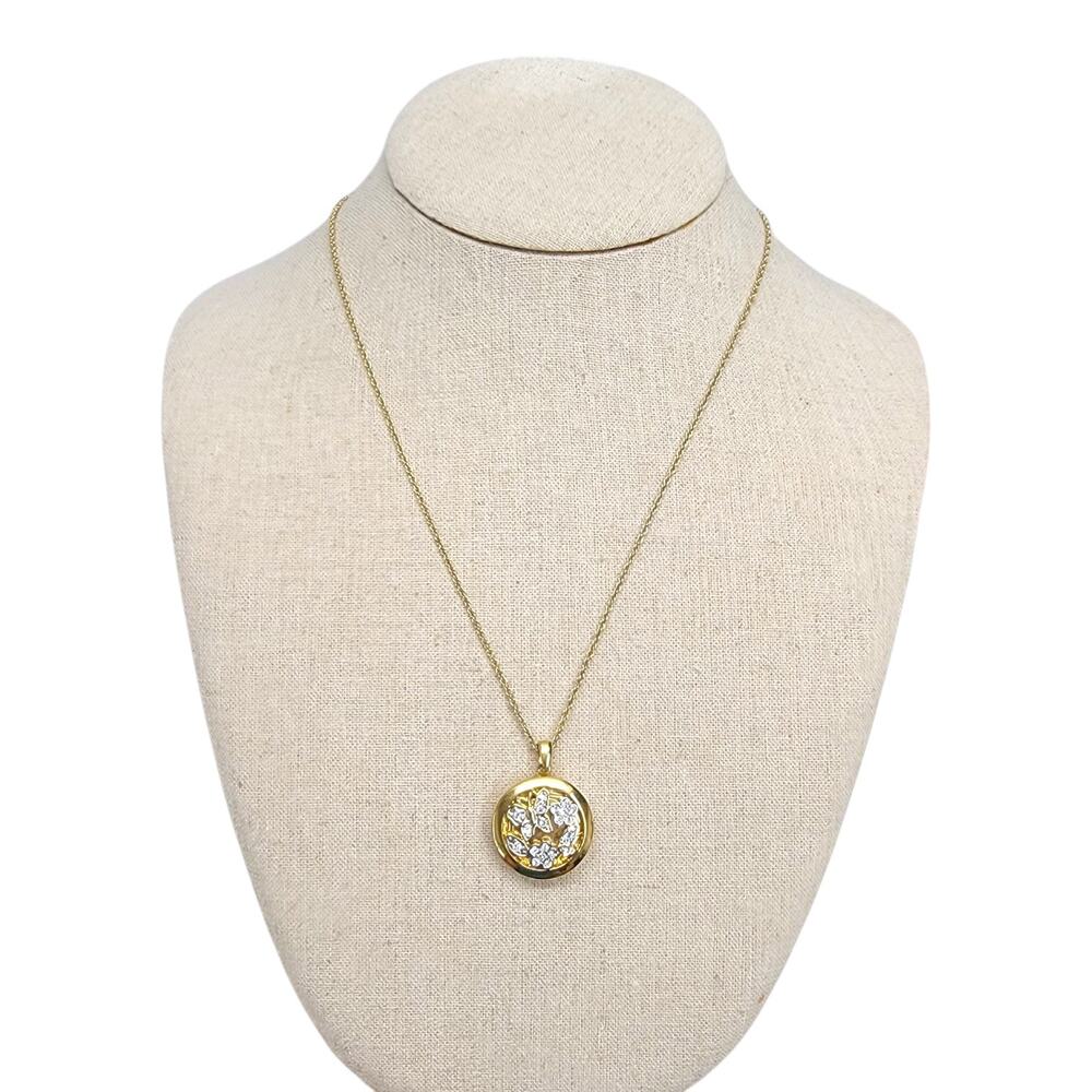 Vintage Gold Tone Rhinestone Butterfly Flower Round Photo Locket Necklace